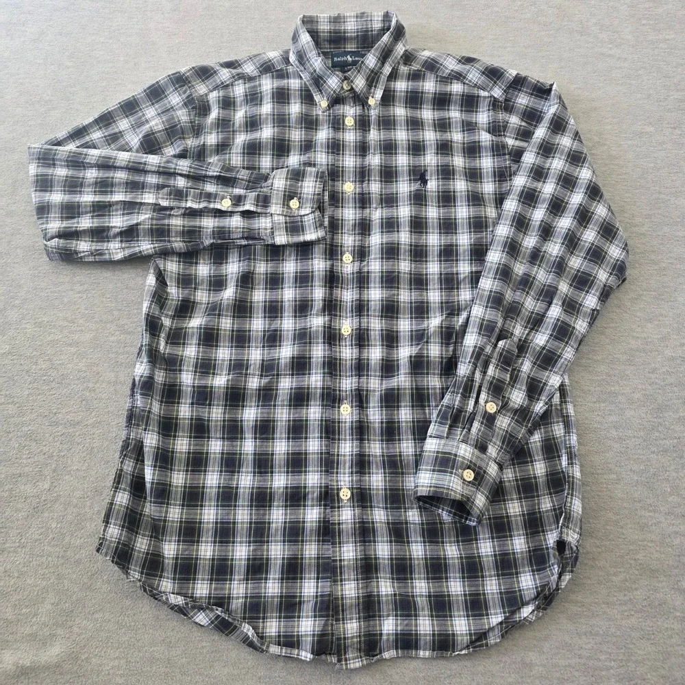 Ralph Lauren Kids Navy Blue Green Plaid Button Down Shirt L 14-16 Cotton Pony